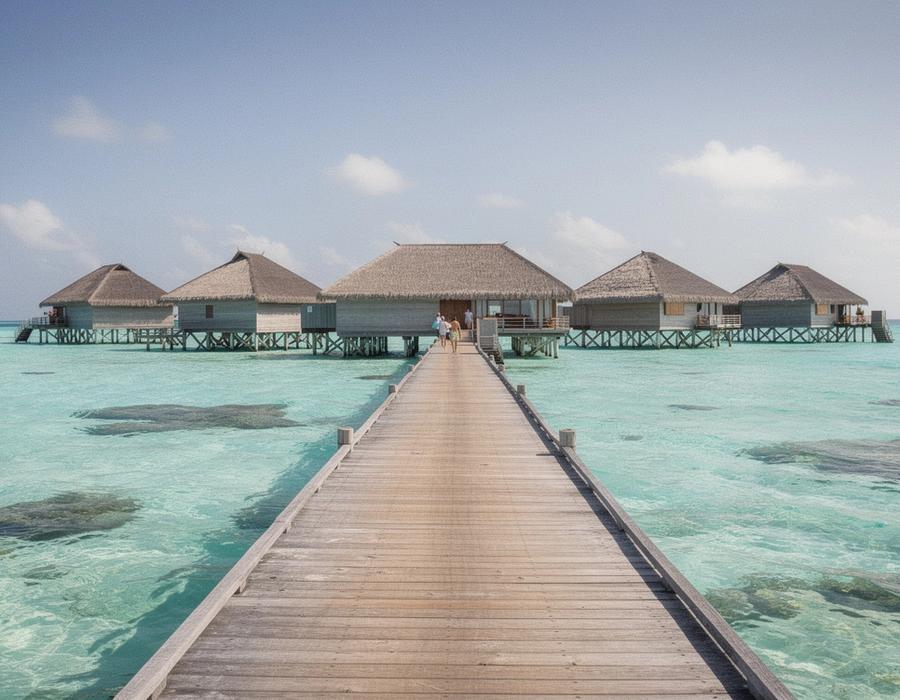 Overwater villas on a Maldivian lagoon at midday