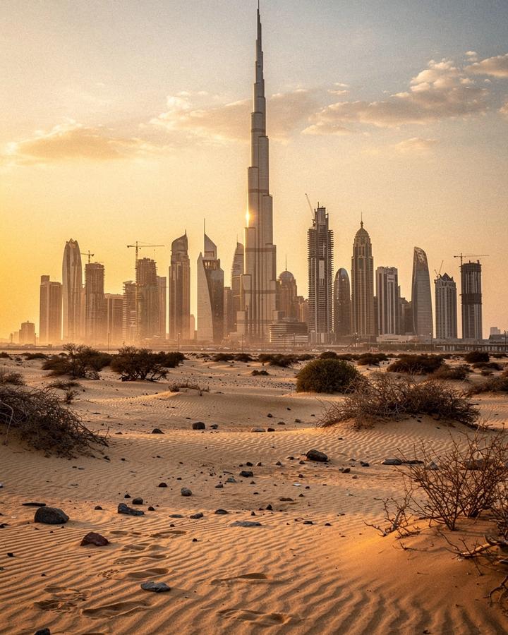 Dubai skyline above the desert at golden hour
