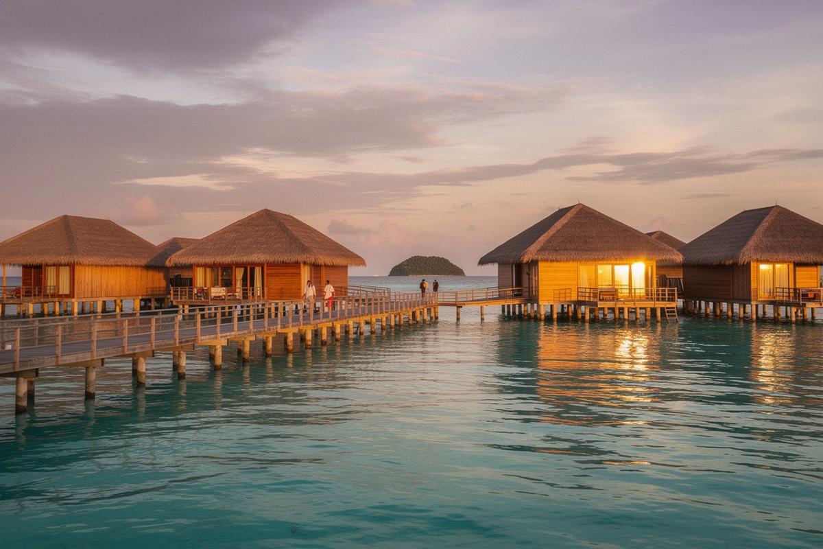 Overwater villas on a Maldivian lagoon at dusk