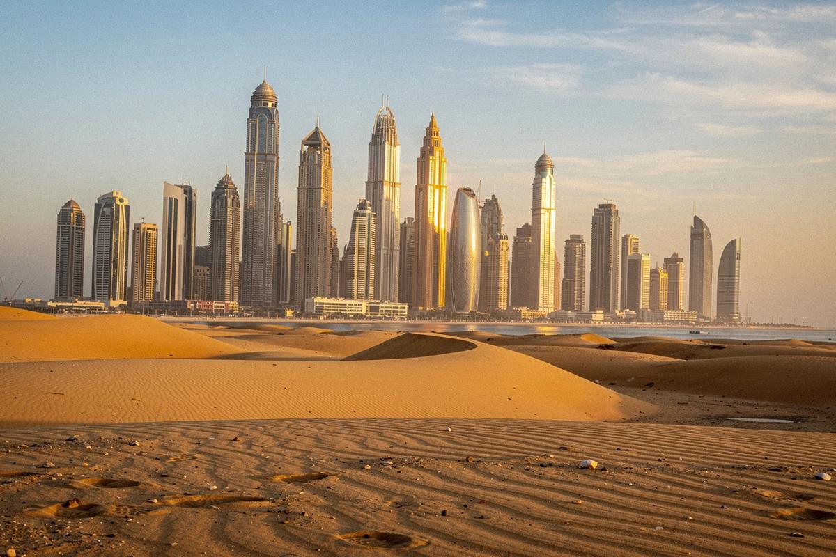 Dubai Marina skyline above golden desert dunes in the UAE