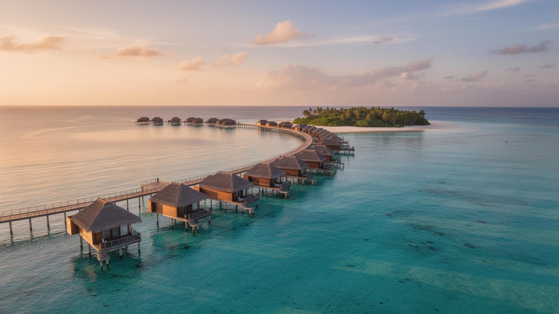 Overwater villas on a Maldivian lagoon at dawn